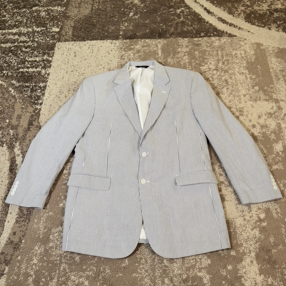 Jos A Bank Men's 46L Stays Cool Seersucker Blue Stripe Blazer Suit Jacket Preppy
